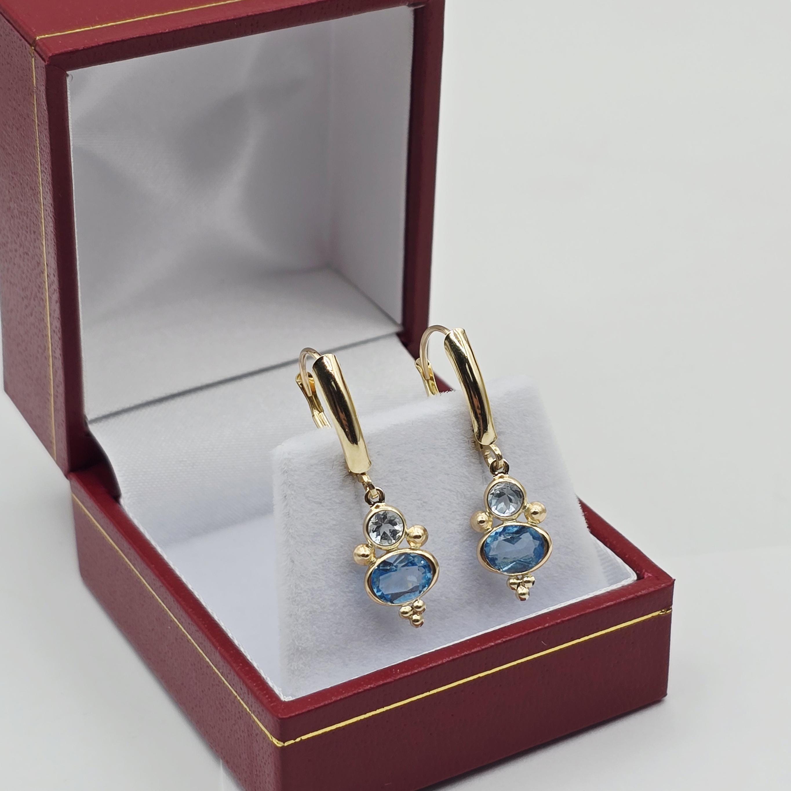 14K Yellow Gold Blue Topaz Aquamarine Dangle Earrings
