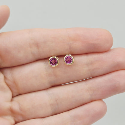 14K Yellow Gold Pink Topaz Stud Earrings, Genuine Gemstone 5x5mm