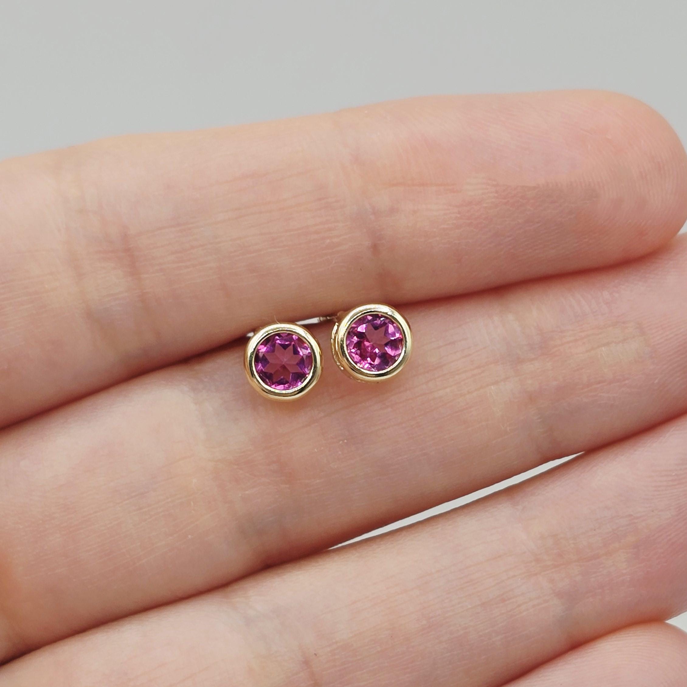 14K Yellow Gold Pink Topaz Stud Earrings, Genuine Gemstone 5x5mm