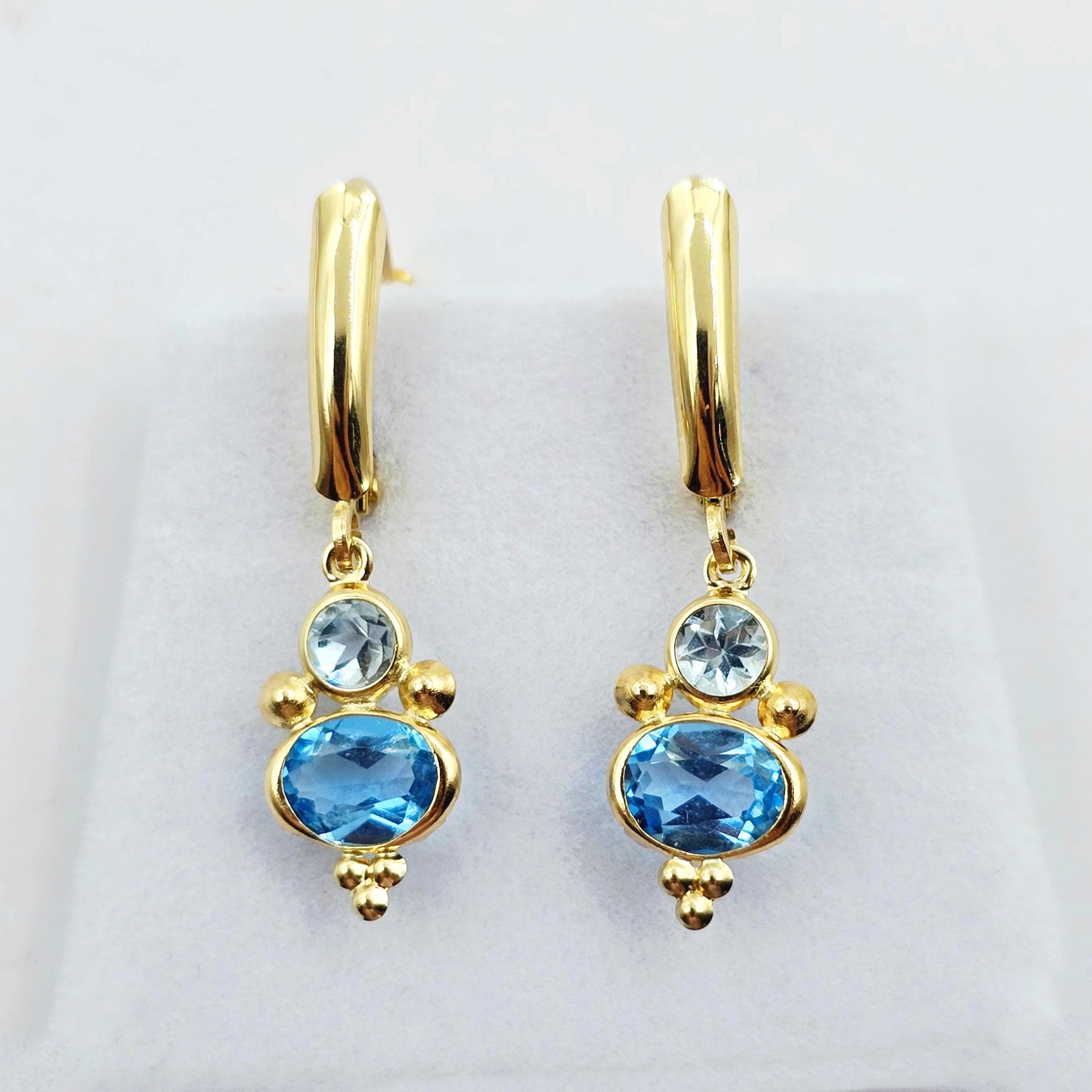 14K Yellow Gold Blue Topaz Aquamarine Dangle Earrings