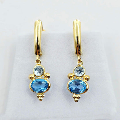 14K Yellow Gold Blue Topaz Aquamarine Dangle Earrings