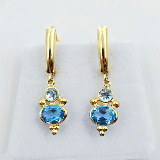 14K Yellow Gold Blue Topaz Aquamarine Dangle Earrings