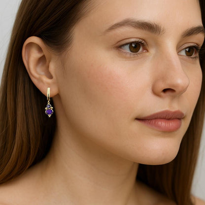 14K Yellow Gold Amethyst and Iolite Dangle Earrings