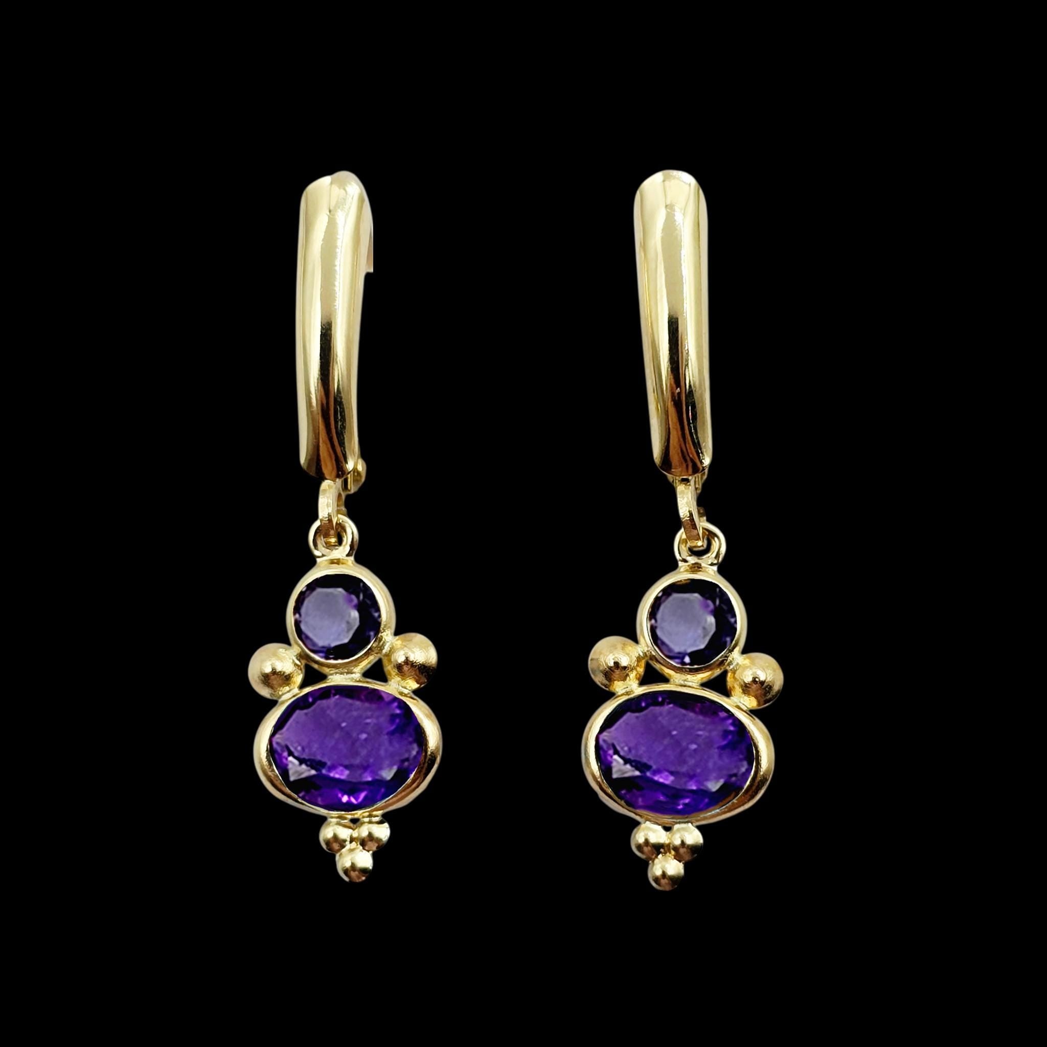 14K Yellow Gold Amethyst and Iolite Dangle Earrings