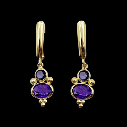 14K Yellow Gold Amethyst and Iolite Dangle Earrings