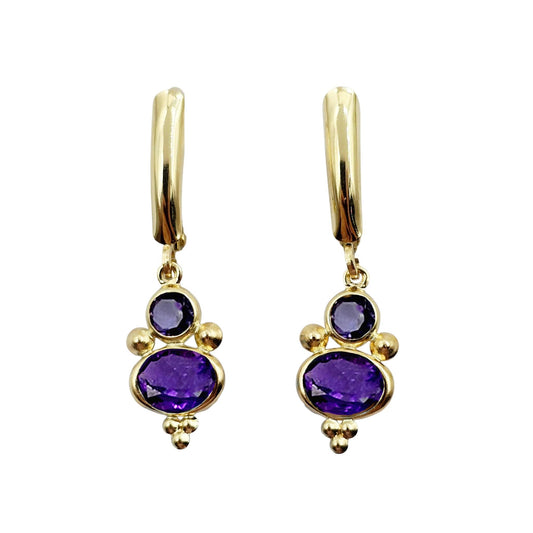 14K Yellow Gold Amethyst and Iolite Dangle Earrings