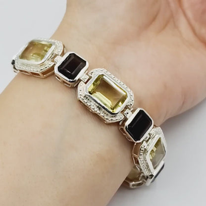 Sterling Silver Lemon and Smokey Quartz 44cts Bracelet for Women, Dainty Natural Gemstones Bracelet For Her, Big Gemstone Bracelet Jewelry