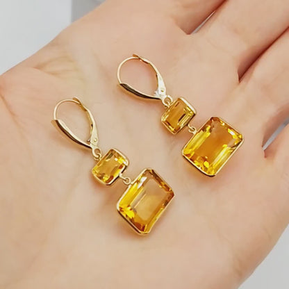14K Yellow Gold Natural Citrine Lever Back Drop Earrings, Luxury Dangle & Drop Earrings for Women, Big Natural Genuine Gemstone Earrings