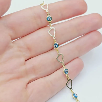 10K Yellow Gold Evil Eye Bracelet, Evil Eye and Heart Charm Bracelet,  Love and Luck Bracelet, Spiritual Jewelry, Gold Evil Eye Gift