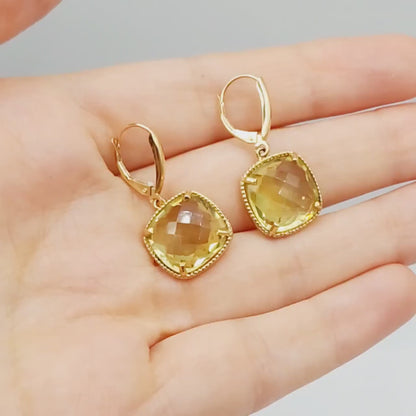 Gold Quartz Earrings, 10K Yellow Gold Lemon Quartz (12ct) Earrings, Gold Earrings For Her, Handmade Earrings, Big Gemstone Earrings
