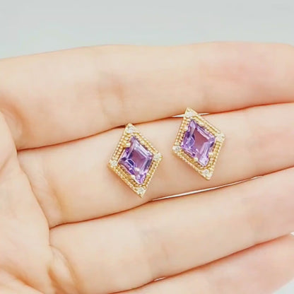 Gold Amethyst Stud Earrings, 14K Yellow Gold Amethyst 3.0cts Stud Earrings, Handmade Earrings, Gemstone Earrings, February Birthstone