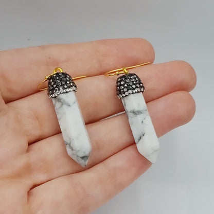 Genuine Howlite Crystal Earrings, Natural Howlite Crystal Tower Point Earrings, Healing Crystal Earrings, Women's Dangle Earrings