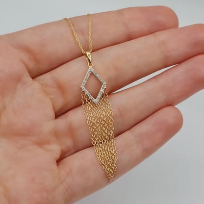 10K Gold Diamond Long Pendant Necklace Kite-Shaped Chandelier Pendant in 10K Gold