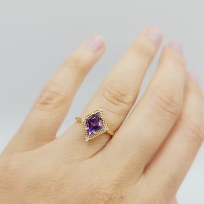 Gold Amethyst Ring, 14K Yellow Gold Amethyst 1.5ct with Diamond 0.04ct Ring, February Birthstone Ring, Rings For Women