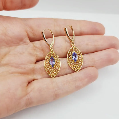 10K Gold Genuine Tanzanite Earrings, Marquise Natural Tanzanite 8x4mm Lever Back Earrings, December Birthstone, Drop Earrings for Women