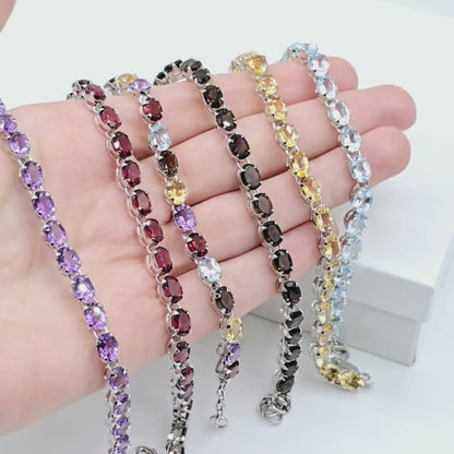 Sterling Silver Bracelet Set With 20 Prong Set 7X5mm Oval Genuine Gemstones, Bracelet for Women, Dainty Gemstone Bracelet Girlfriend