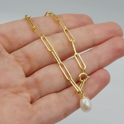 Sterling Silver with Genuine Freshwater Pearl, Paperclip Chain Bracelet For Women, Gift for her, Paperclip Chain Design, Fashionable Jewelry