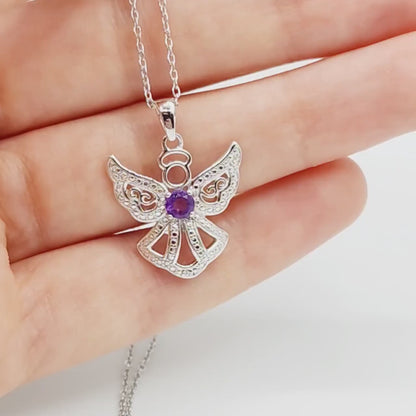 Gemstone Angel Pendant Necklace, Silver Genuine Gemstone Angel Pendant with Chain, Gemstone Necklace, Birthday Gift, Necklace For Women