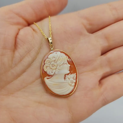 14K Yellow Gold Carnelian Carved Shell Women Pendant, Antique Cornelia Shell Handcrafted Necklace For Her