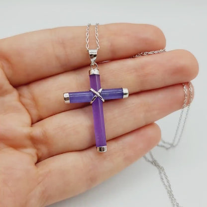 Sterling Silver Dyed Purple Jadeite Cross Pendant with Chain, Jade Cross Necklace, Christmas Gift , New Year Gift