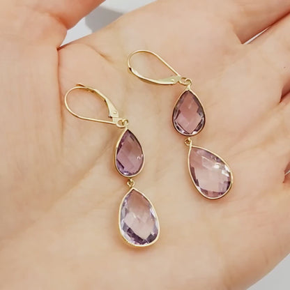 14K Yellow Gold Amethyst  Lever Back Drop Earrings, Dainty Dangle & Drop Earrings for Women, Big Natural Genuine Gemstone Earrings for Her
