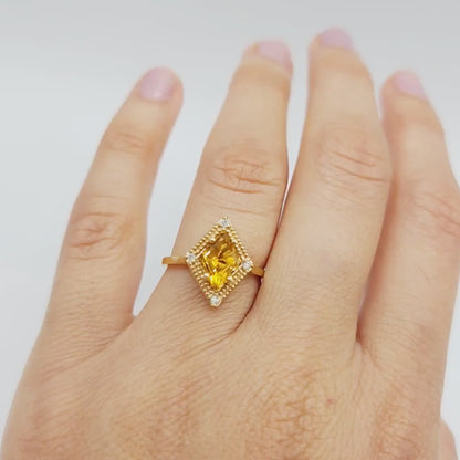 Gold Citrine Ring, 14K Yellow Gold Citrine 1.5ct with Diamond 0.04ct Ring, November Birthstone Ring For Women