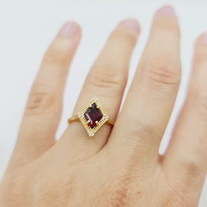 Gold Garnet Ring, 14K Yellow Gold Garnet 1.5ct with Diamond 0.04ct Ring, January Birthstone Ring For Women