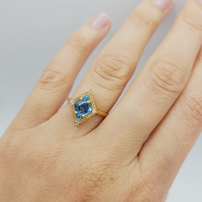 Gold Blue Topaz Ring, 14K Yellow Gold Blue Topaz 1.5ct with Diamond 0.04ct Ring, December Birthstone Ring For Women