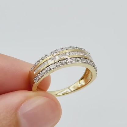 Gold Diamond Rings, 10K Yellow Gold Diamond 0.50ct Ring with Baguettes and Round Diamonds , Wedding Engagement Ring, Ring For Women