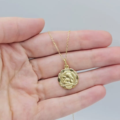 10K Solid Gold Pendant Cherub Angel or St. Christopher – Filigree Scalloped Border – Religious Medal Necklace , Gift for Her or Him