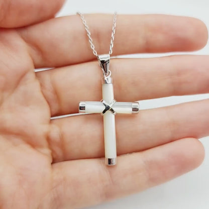 Sterling Silver Genuine Mother of Pearl Cross Pendant with Chain, White Cross Necklace, Christmas Gift , New Year Gift