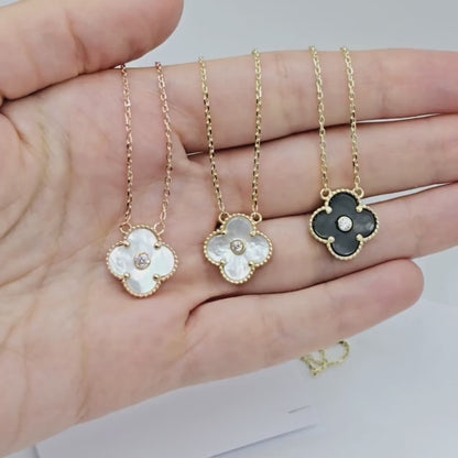 Gold Flower Necklace, Solid 10K Gold Pendant For Women, Floral Jewelry Gold Necklace With Mother Of Pearl, Onyx Gold Flower Pendant