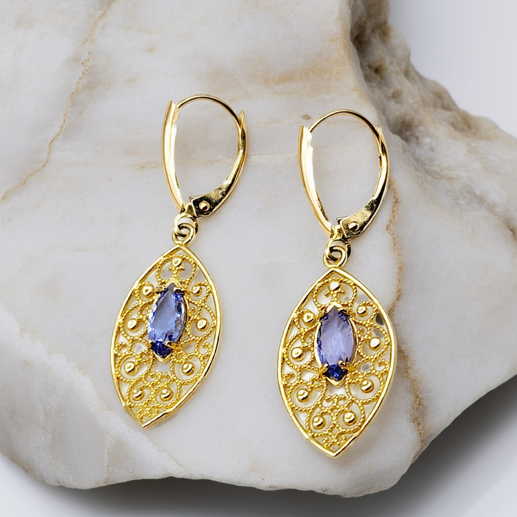 10K Gold Genuine Tanzanite Earrings, Marquise Natural Tanzanite 8x4mm Lever Back Earrings, December Birthstone, Drop Earrings for Women